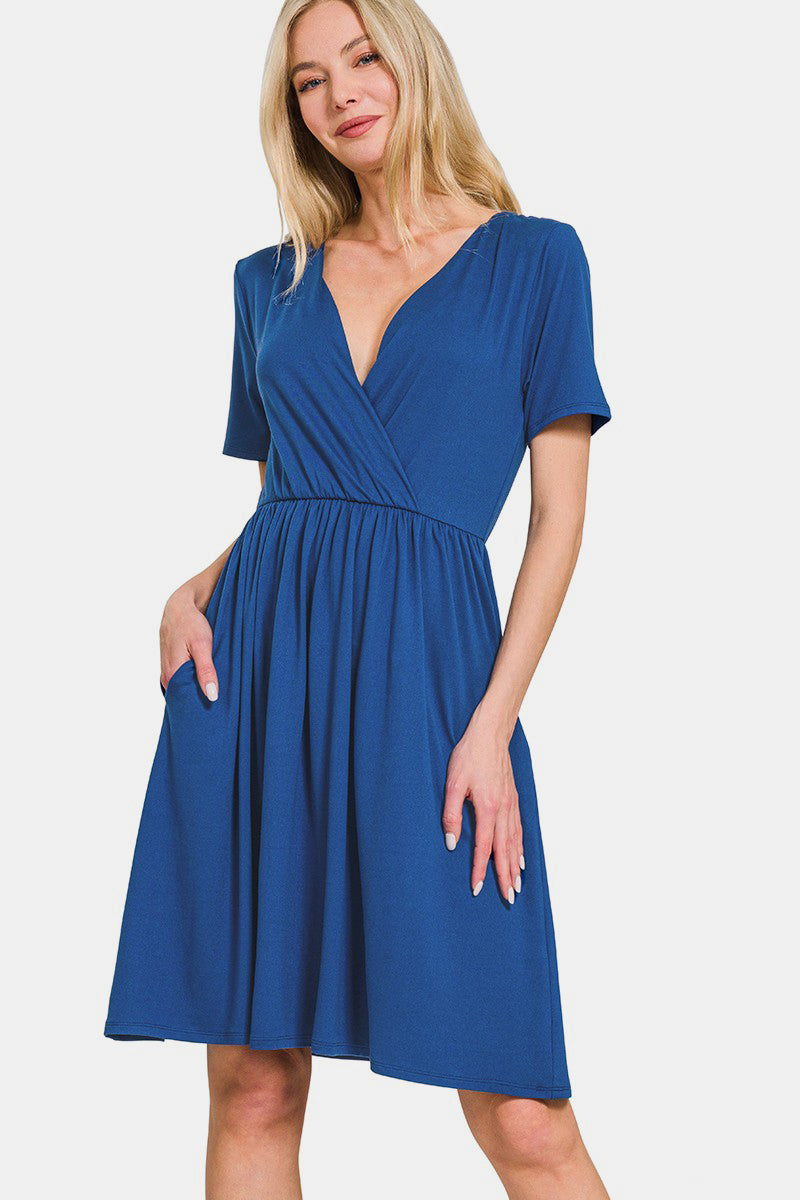 Zenana Surplice Short Sleeve Brushed DTY Dress-TOPS / DRESSES-[Adult]-[Female]-Navy-S-2022 Online Blue Zone Planet