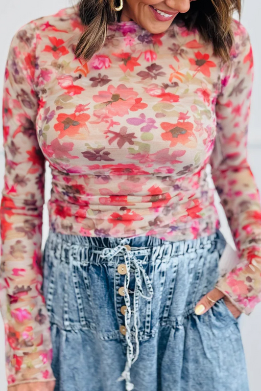 Red Floral Print Long Sleeve Slim Fit Mesh Top-Tops/Long Sleeve Tops-[Adult]-[Female]-Red-S-2022 Online Blue Zone Planet