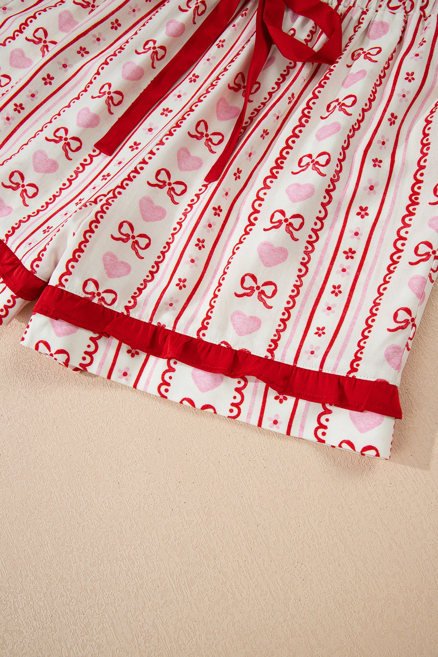 Red Sweet Floral Heart Bow Print Contrast Trim Long Sleeve Shirt Pajama Short Set-Loungewear & Sleepwear/Sleepwear-[Adult]-[Female]-2022 Online Blue Zone Planet