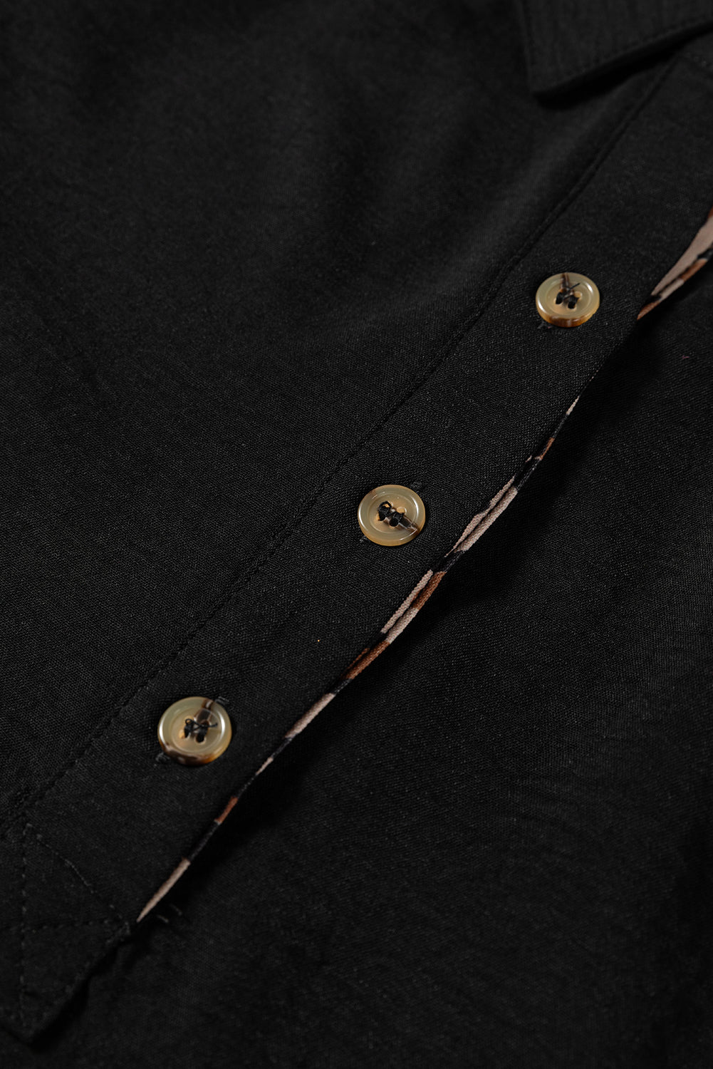 Black Contrast Leopard Print Patchwork Polo Collar Buttons Front Ruffled Long Sleeve Blouse-Tops/Blouses & Shirts-[Adult]-[Female]-2022 Online Blue Zone Planet