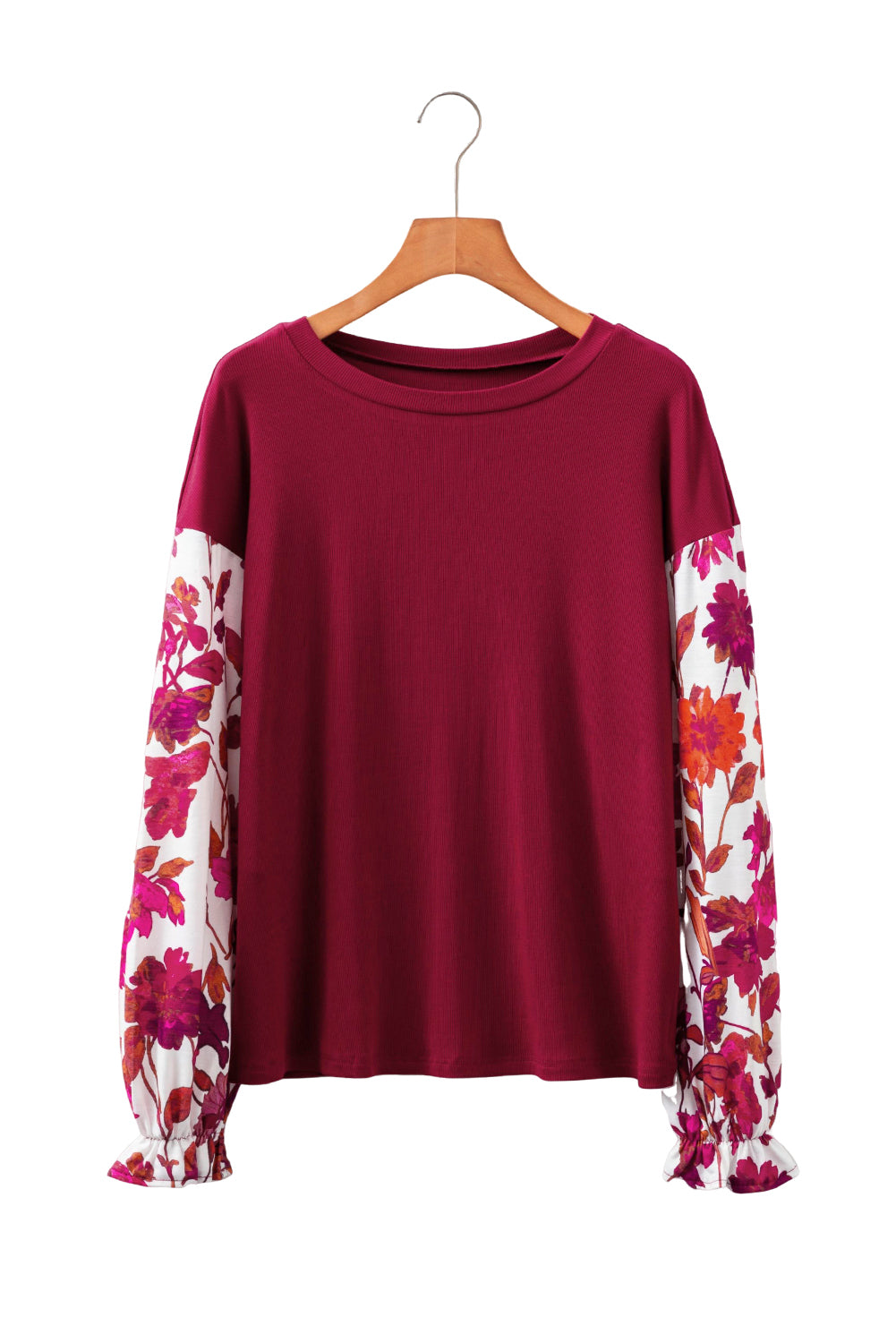 Wild Ginger Contrast Floral Sleeve Solid Ribbed Body Patchwork Long Sleeve Top-Tops/Long Sleeve Tops-[Adult]-[Female]-2022 Online Blue Zone Planet