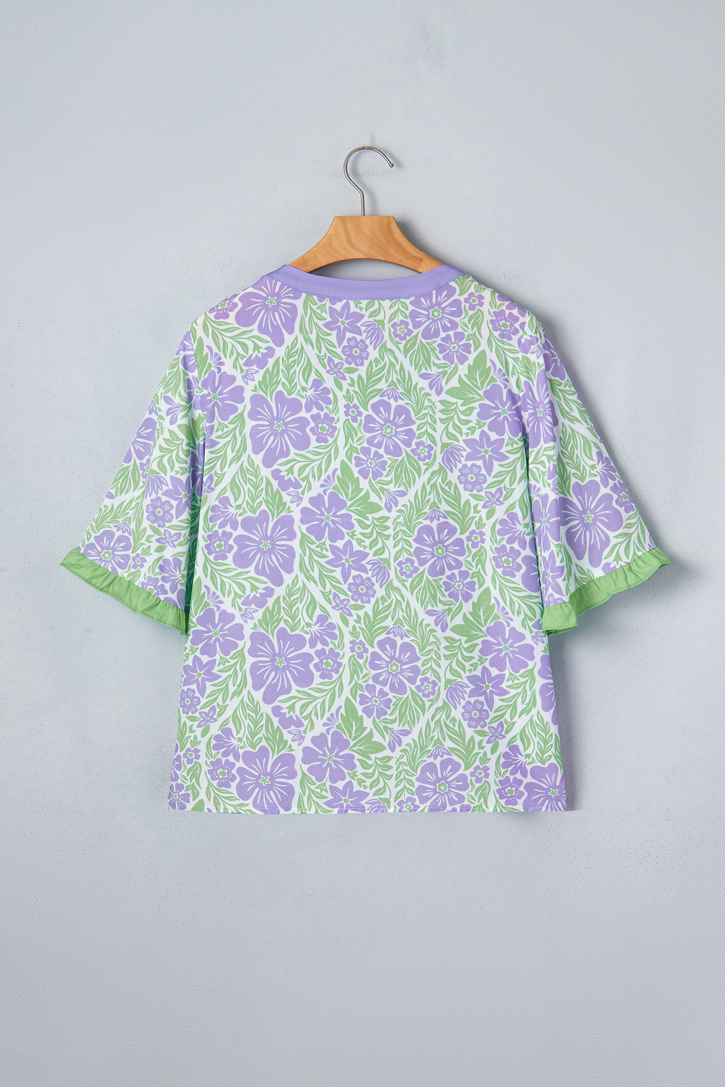 Sky Blue Floral Print Ruffled Color Block Trim Half Sleeve Blouse-Tops/Blouses & Shirts-[Adult]-[Female]-2022 Online Blue Zone Planet