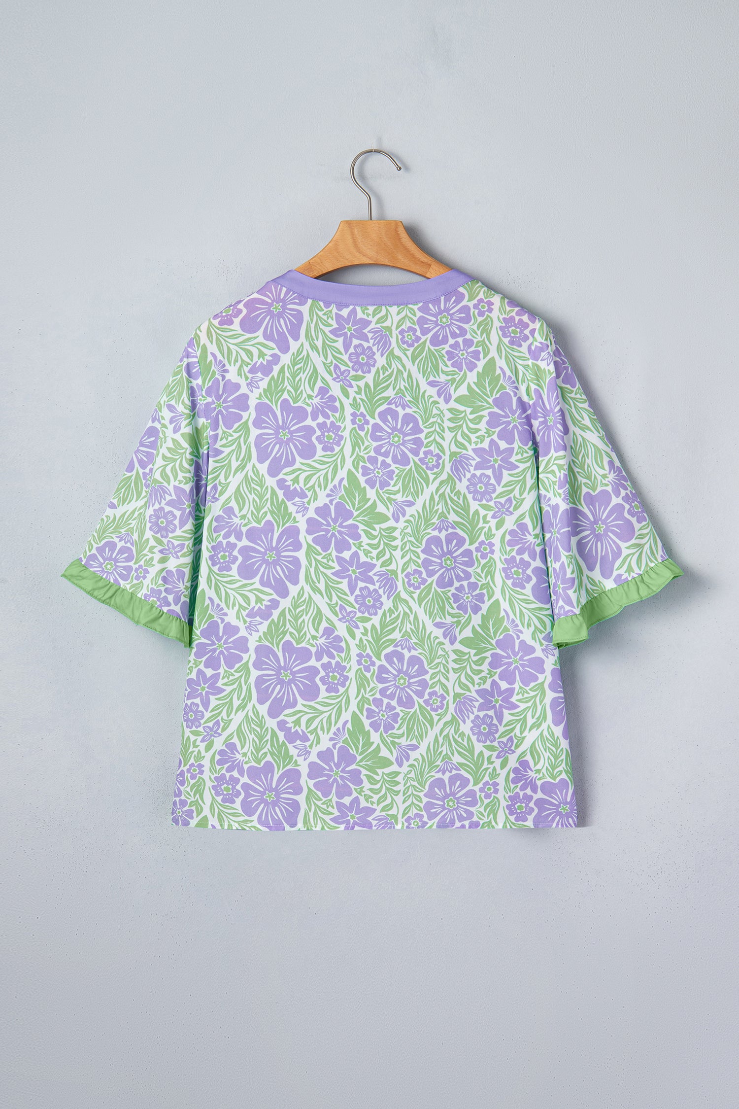 Sky Blue Floral Print Ruffled Color Block Trim Half Sleeve Blouse-Tops/Blouses & Shirts-[Adult]-[Female]-2022 Online Blue Zone Planet