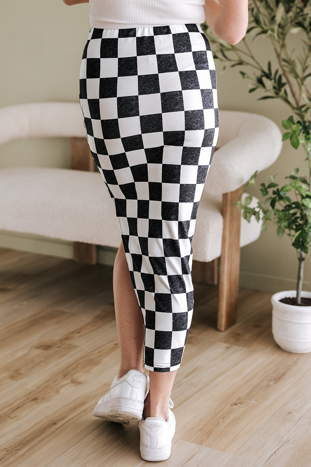 Blue Zone Planet | White Checkered Print Side Slit High Waist Midi Skirt-Bottoms/Skirts & Petticoat-[Adult]-[Female]-2022 Online Blue Zone Planet