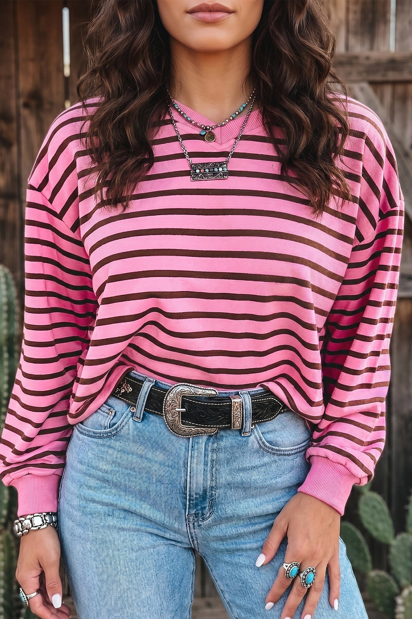 Pink Stripe V Neck Long Sleeve Drop Shoulder Blouse-Tops/Long Sleeve Tops-[Adult]-[Female]-2022 Online Blue Zone Planet