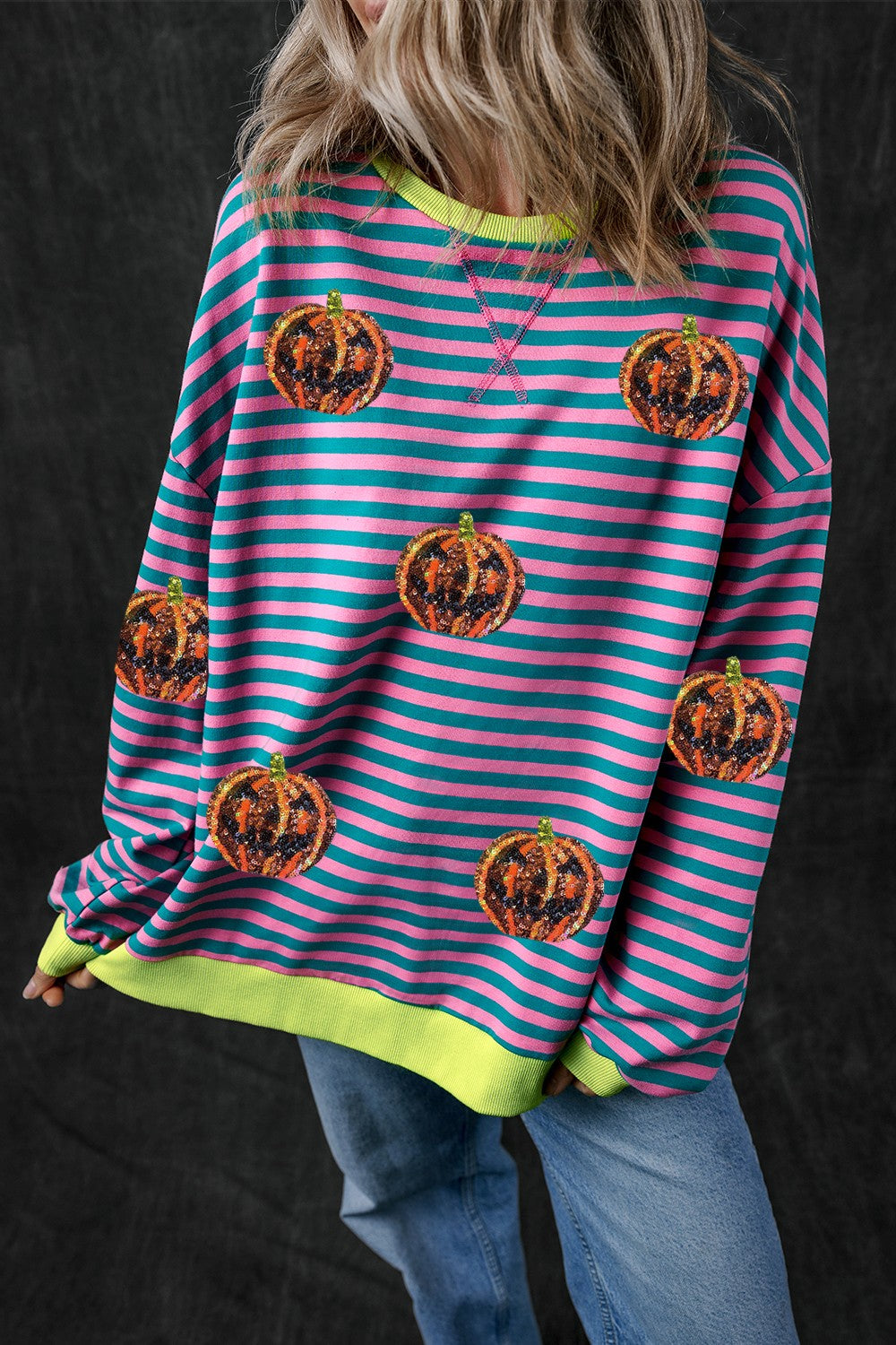 Pumpkin Striped Round Neck Long Sleeve Sweatshirt-TOPS / DRESSES-[Adult]-[Female]-2022 Online Blue Zone Planet