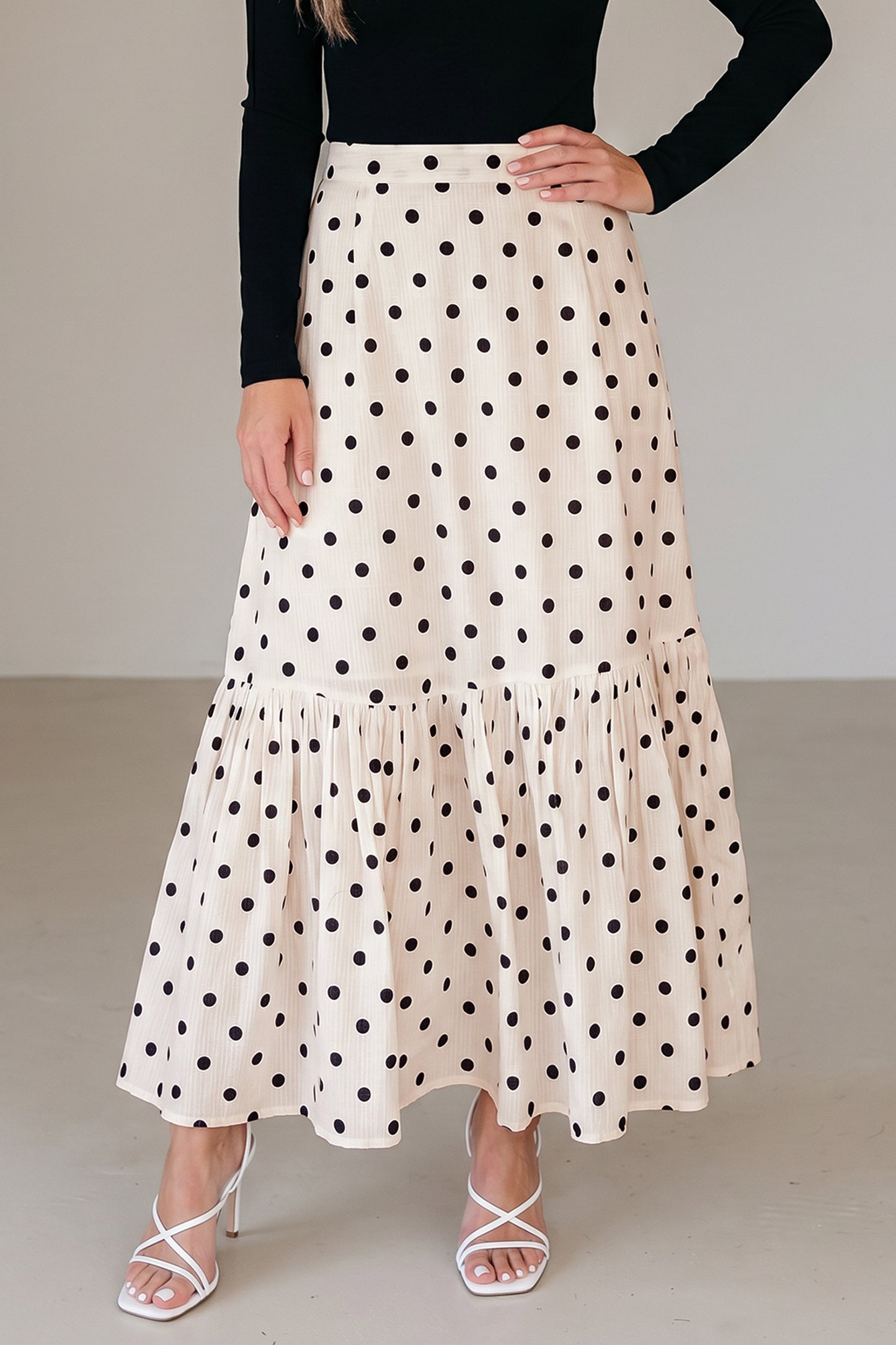 White Polka Dot Ruffled Slit Maxi Skirt-Bottoms/Skirts & Petticoat-[Adult]-[Female]-2022 Online Blue Zone Planet