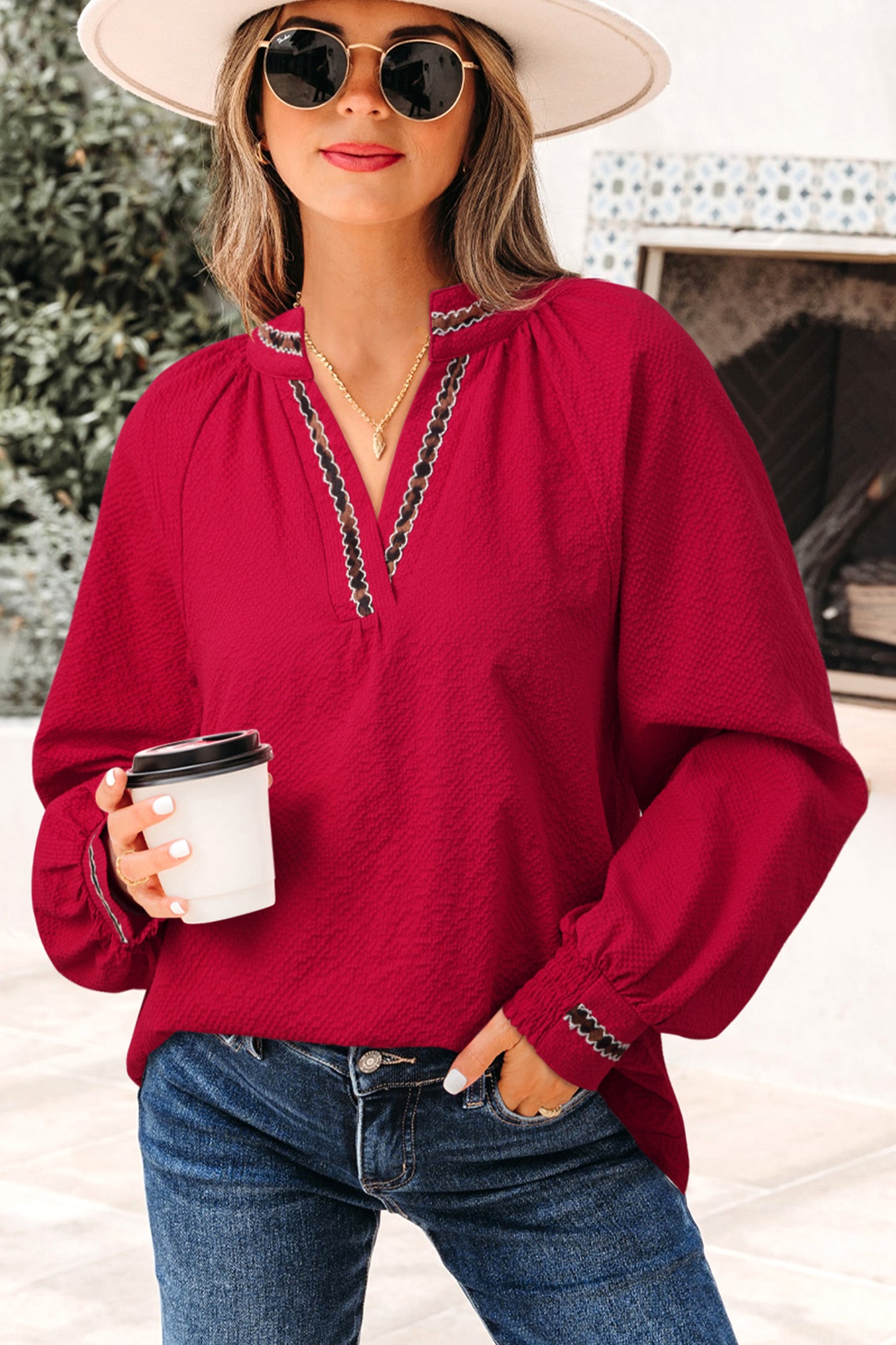 Racing Red Leopard Jacquard Print V Neck Textured Blouse-Tops/Blouses & Shirts-[Adult]-[Female]-2022 Online Blue Zone Planet