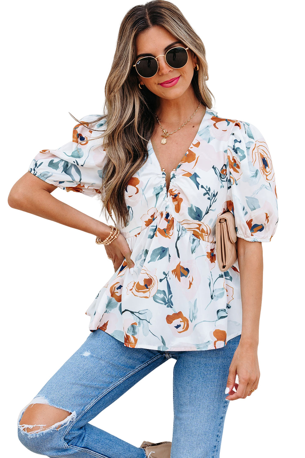 Green Floral Print Puff Sleeve V Neck Babydoll Blouse-Tops/Blouses & Shirts-[Adult]-[Female]-2022 Online Blue Zone Planet