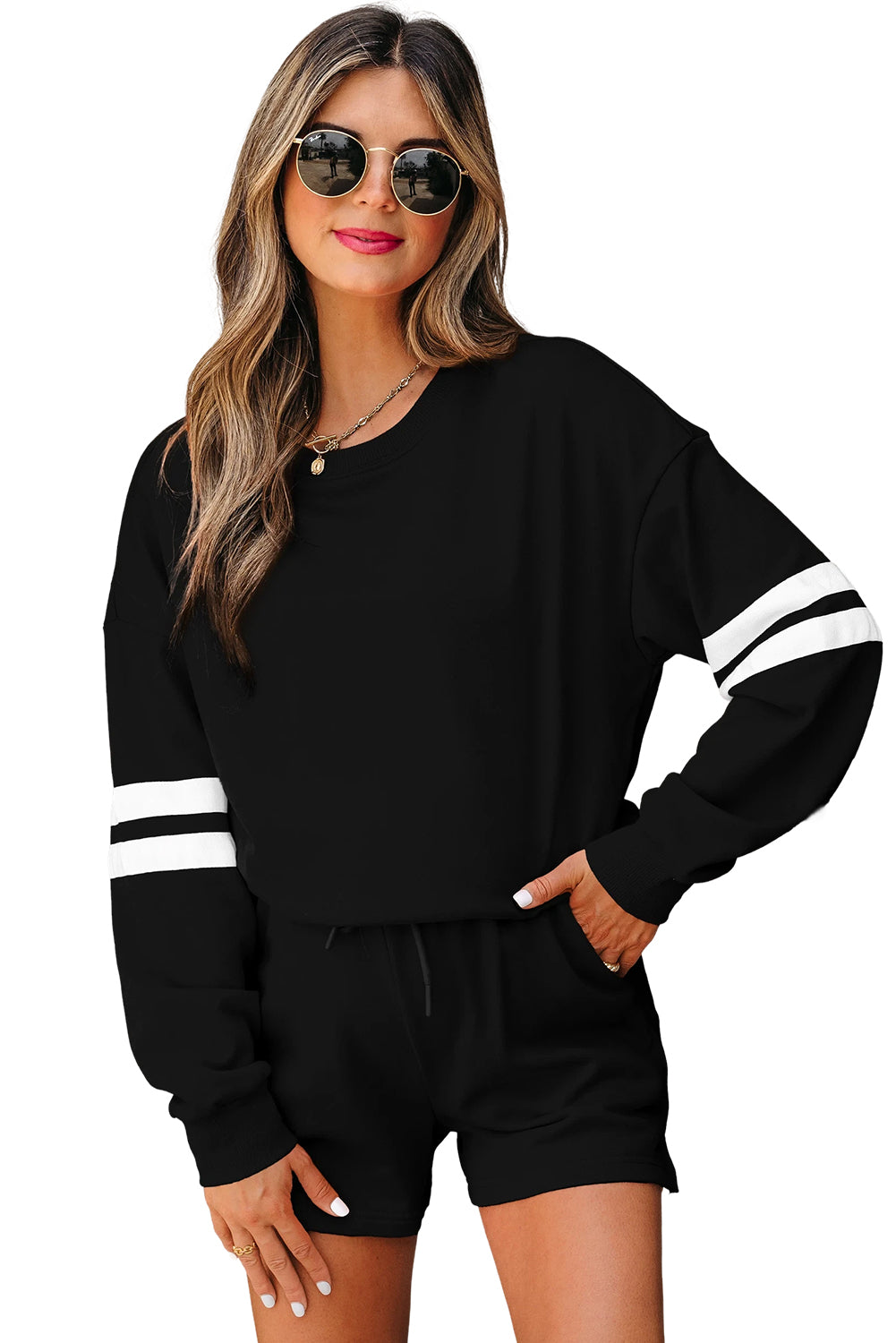 Black Varsity Striped Sleeve Drop Shoulder Sweatshirt and Short Set-Two Piece Sets/Short Sets-[Adult]-[Female]-2022 Online Blue Zone Planet