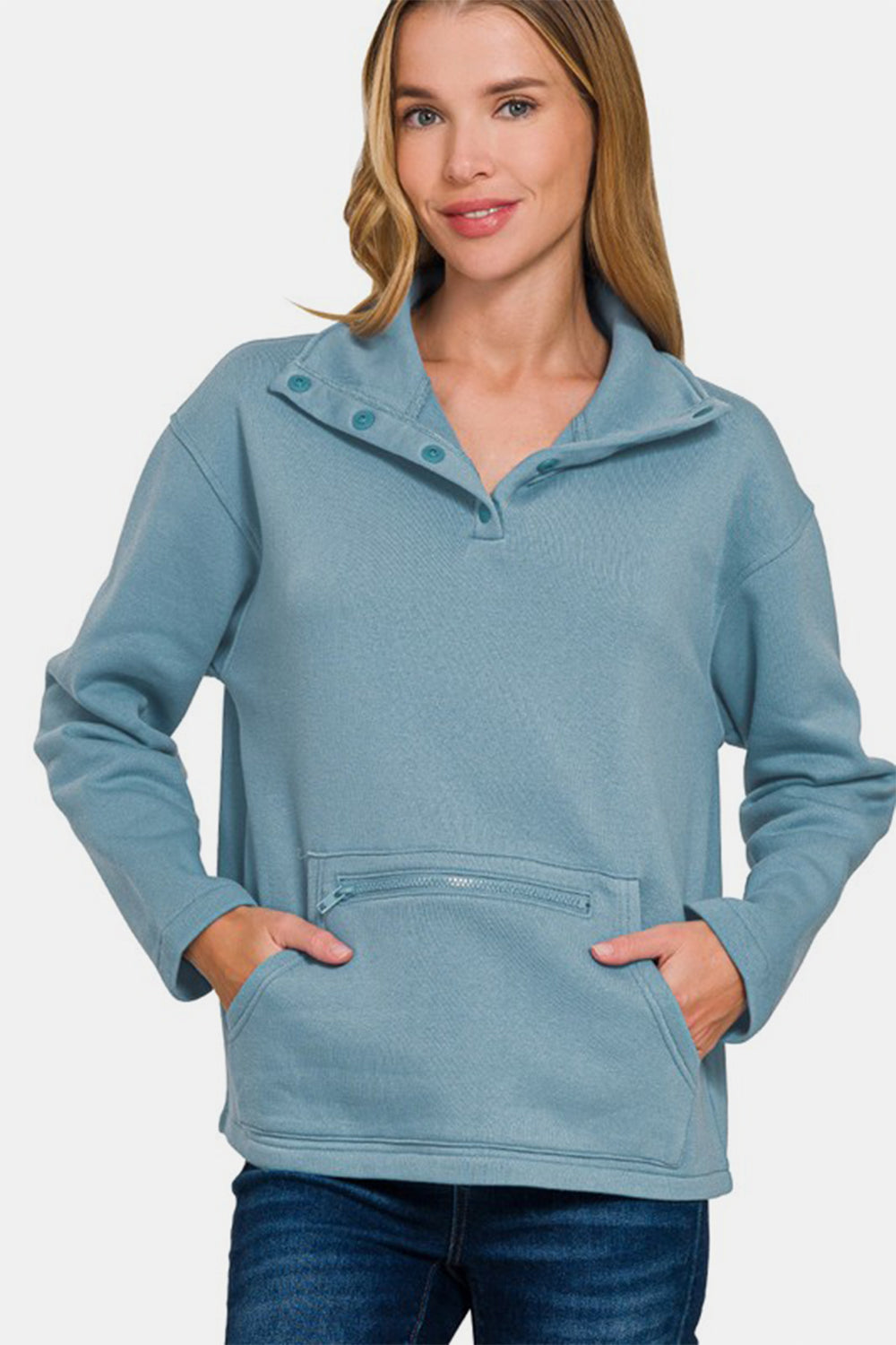 Zenana Turtleneck Half Snap Fleece Sweatshirt-TOPS / DRESSES-[Adult]-[Female]-Air Force Blue-S-2022 Online Blue Zone Planet