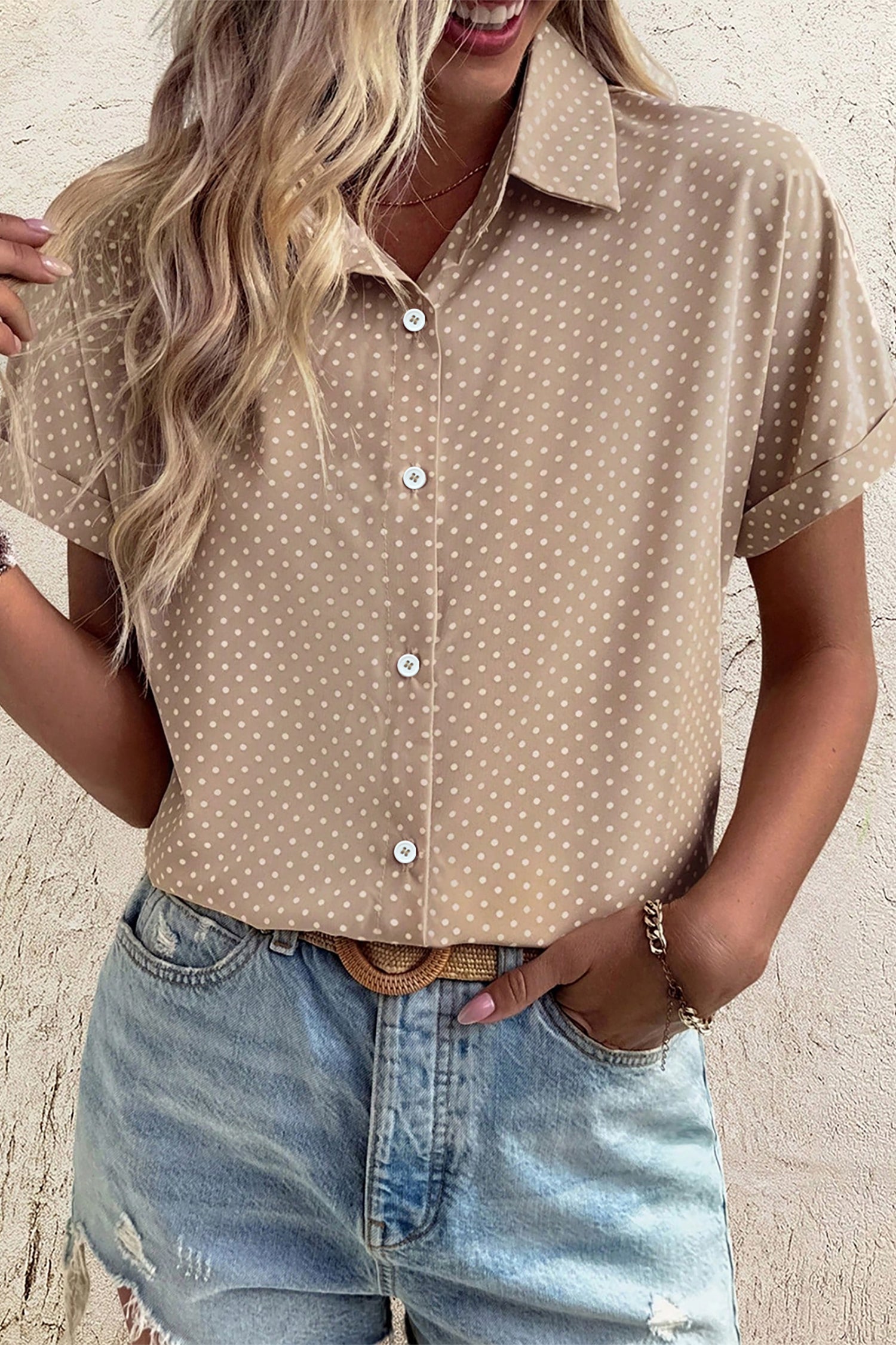 Khaki Dotted Print Cuffed Short Sleeve Shirt-Tops/Blouses & Shirts-[Adult]-[Female]-Khaki-S-2022 Online Blue Zone Planet