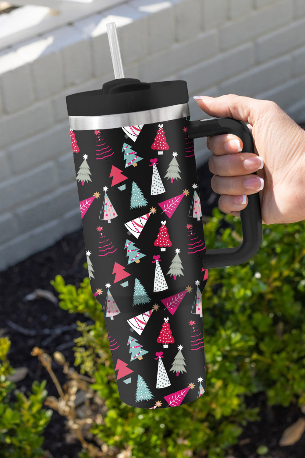 Black Cartoon Christmas Tree Printed Thermos Cup 40oz-Accessories/Tumblers-[Adult]-[Female]-Black-ONE SIZE-2022 Online Blue Zone Planet