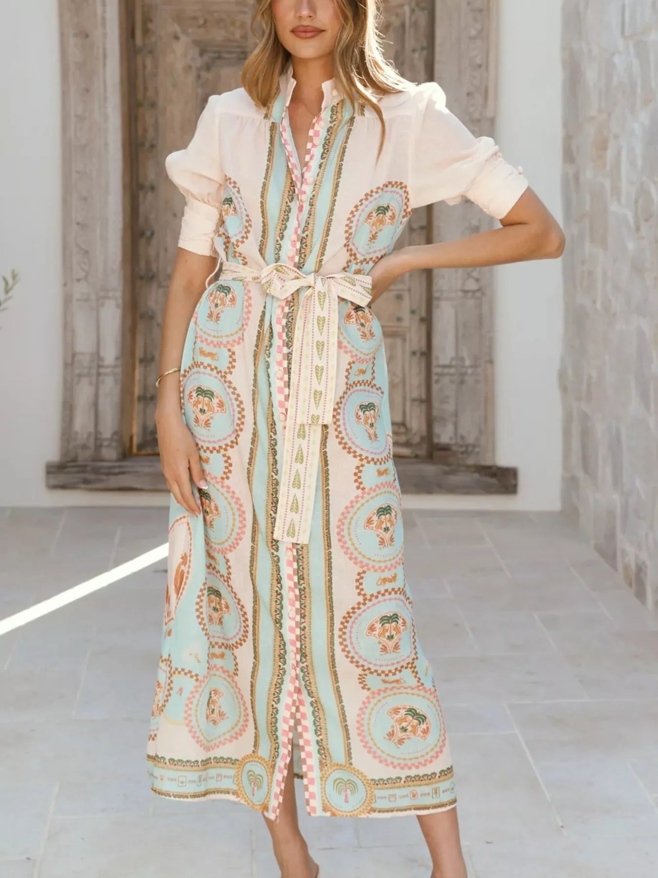 long sleeve tie waist midi dress Printed Puff Sleeve Tie Waist Midi Dress