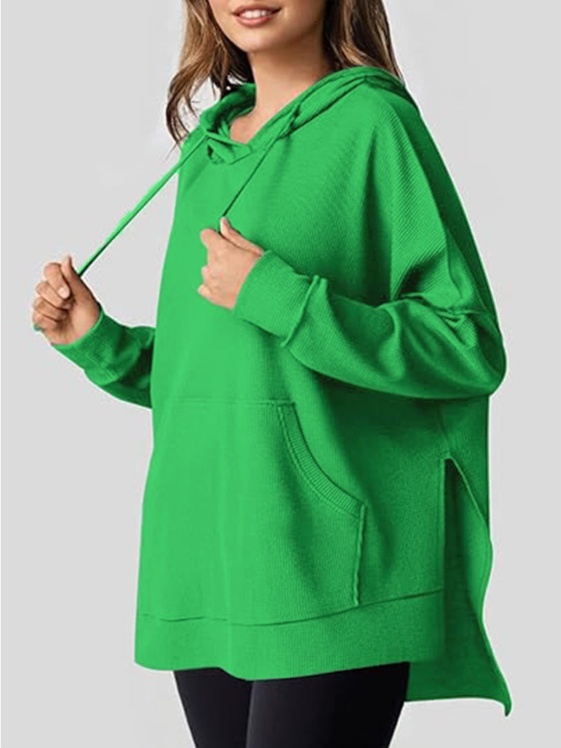 Drawstring Slit Long Sleeve Hoodie-TOPS / DRESSES-[Adult]-[Female]-Green-S-2022 Online Blue Zone Planet