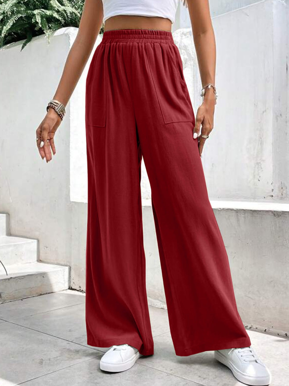 High Waist Wide Leg Pants with Pockets-[Adult]-[Female]-Burgundy-S-2022 Online Blue Zone Planet