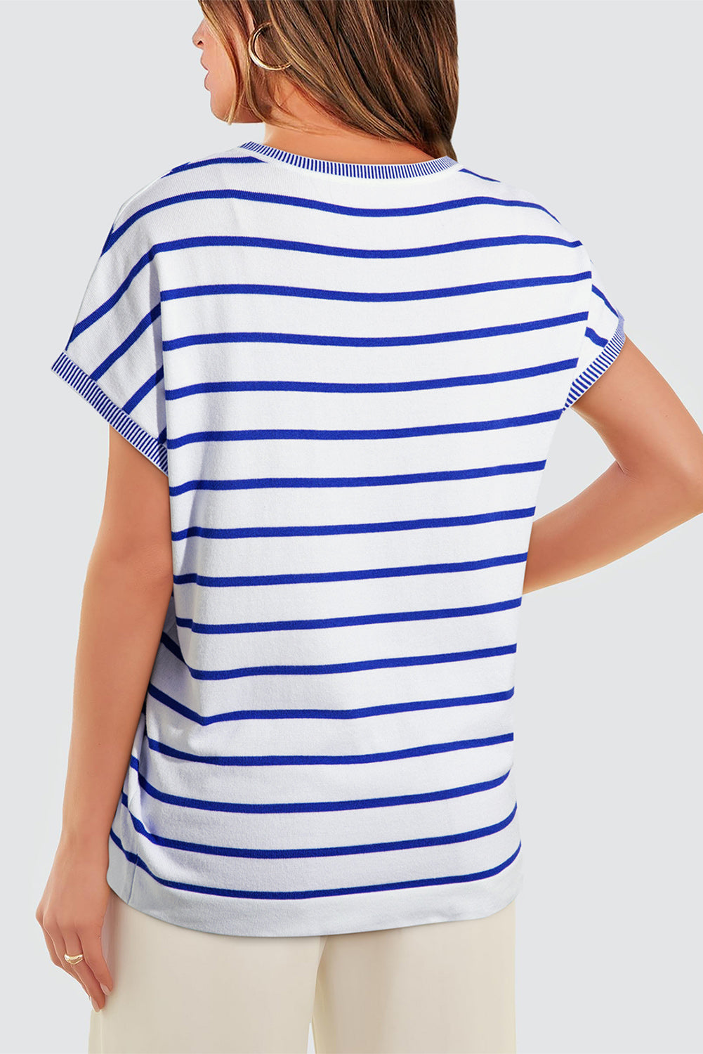 White Stripe Knitted Bat Sleeve T Shirt-Sweaters & Cardigans/Short Sleeve Sweaters-[Adult]-[Female]-2022 Online Blue Zone Planet