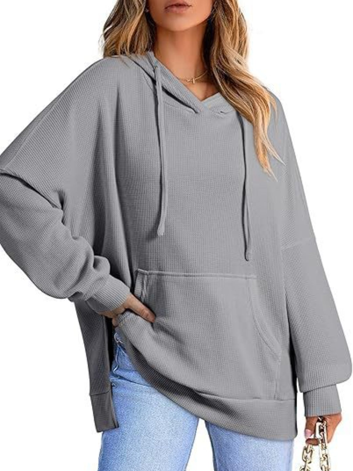 Drawstring Slit Long Sleeve Hoodie-TOPS / DRESSES-[Adult]-[Female]-Gray-S-2022 Online Blue Zone Planet