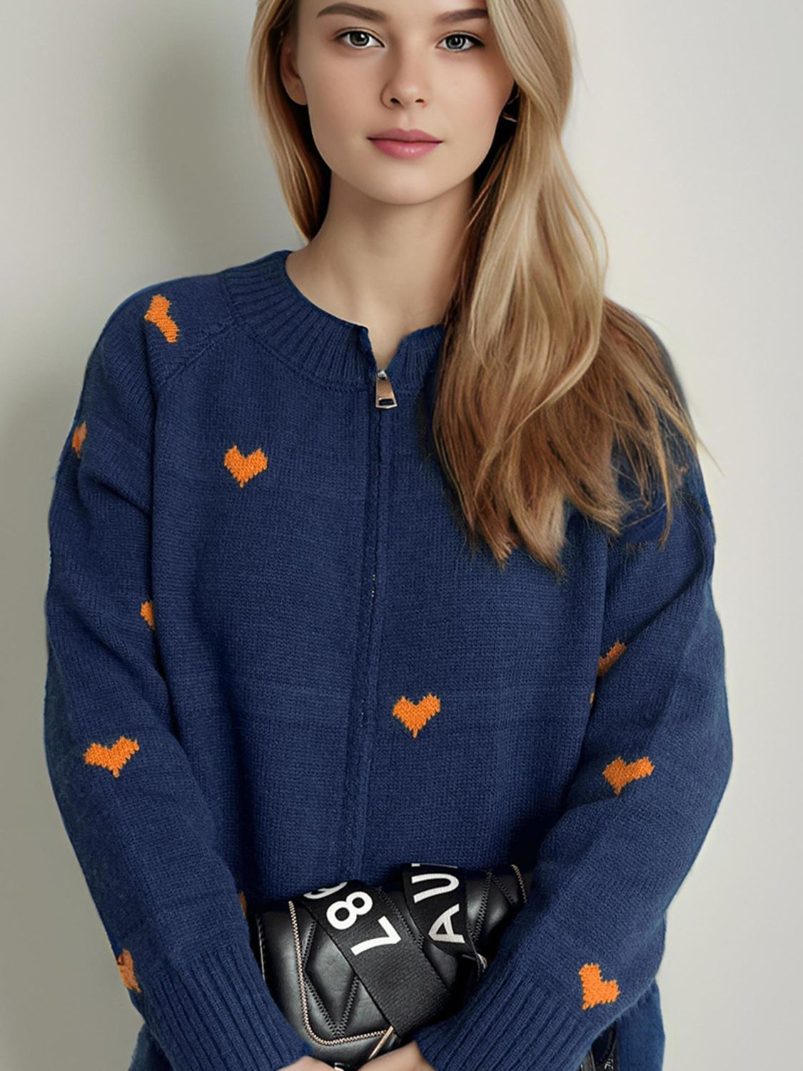 Heart Round Neck Zip Up Cardigan-NEW ARRIVALS-[Adult]-[Female]-Dark Blue-One Size-2022 Online Blue Zone Planet