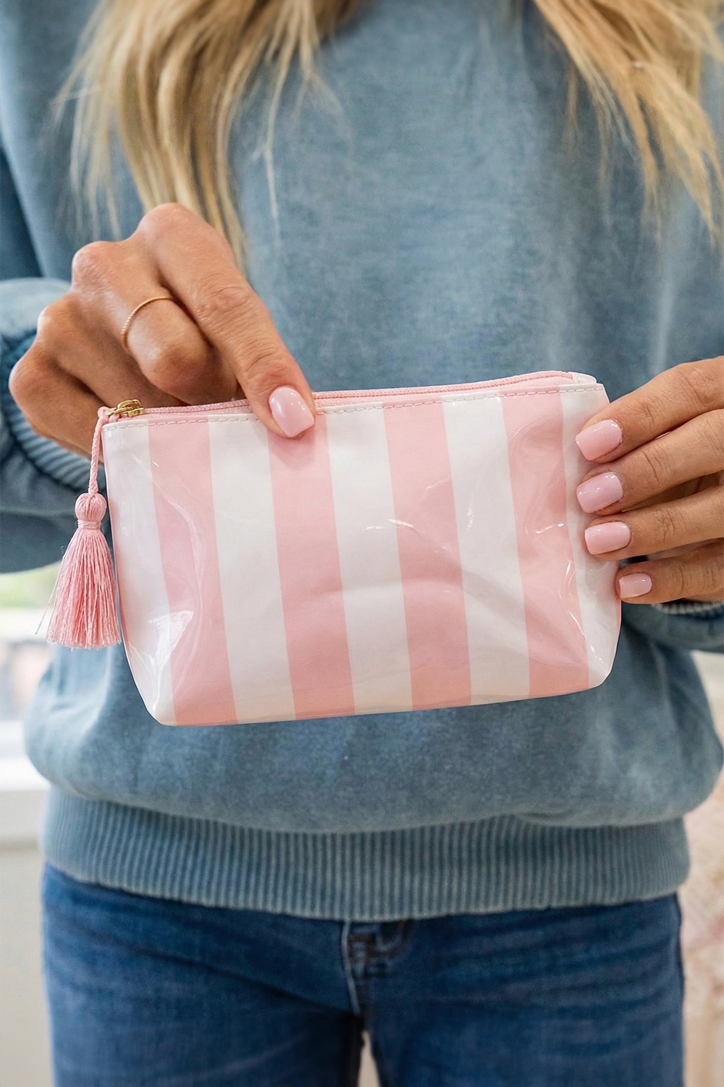 Carrot Striped Vinyl Waterproof Tassel Zipper Makeup Bag