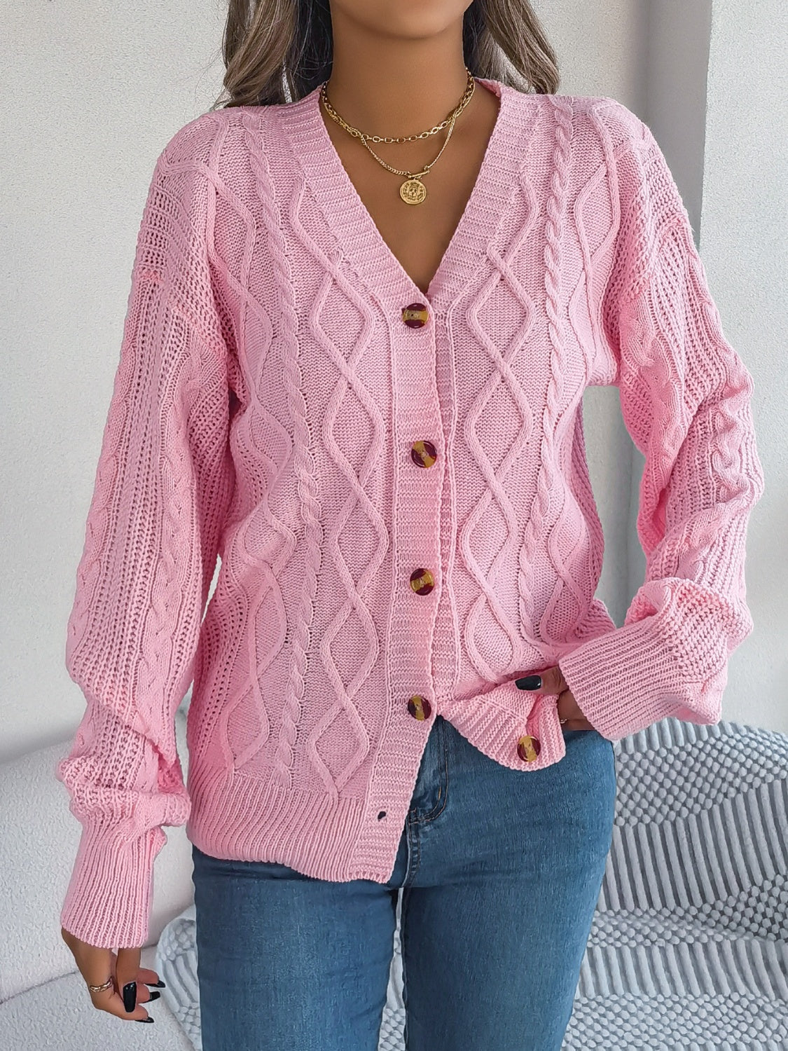 Cable-Knit Long Sleeve Cardigan-TOPS / DRESSES-[Adult]-[Female]-Blush Pink-S-2022 Online Blue Zone Planet