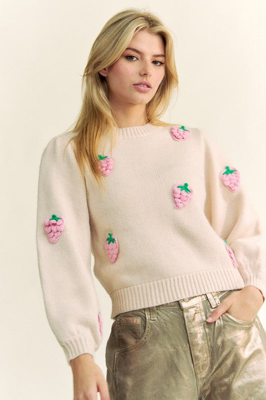 Davi & Dani Crochet Strawberry Round Neck Sweater-TOPS / DRESSES-[Adult]-[Female]-2022 Online Blue Zone Planet