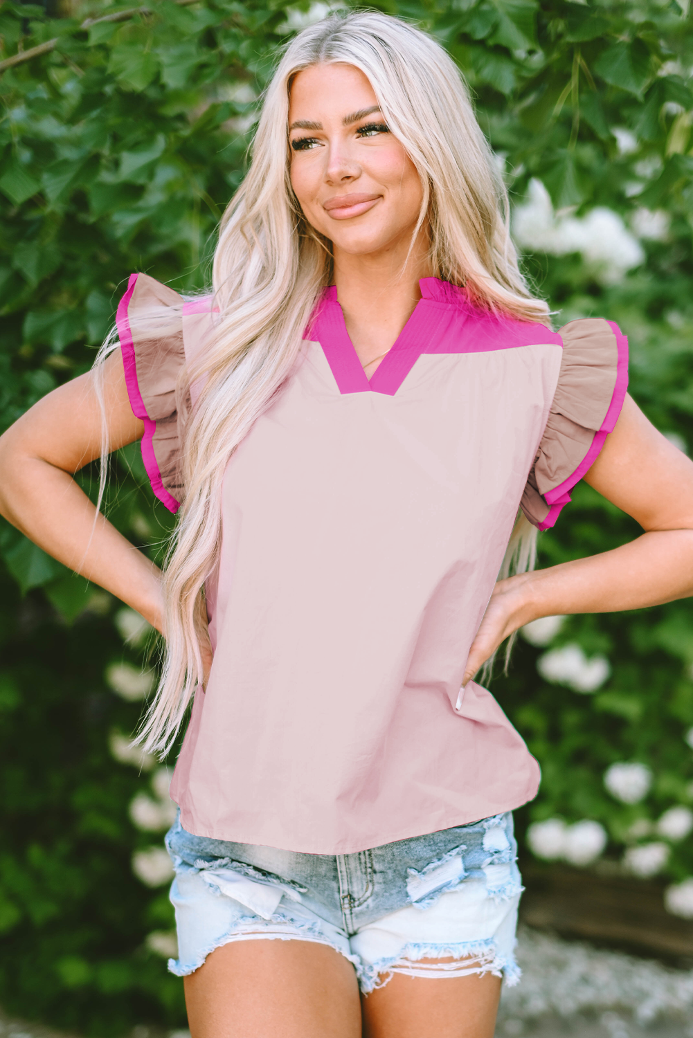 Mist Blue Colorblock Ruffled Sleeve Frill V Neck Blouse-Tops/Blouses & Shirts-[Adult]-[Female]-2022 Online Blue Zone Planet