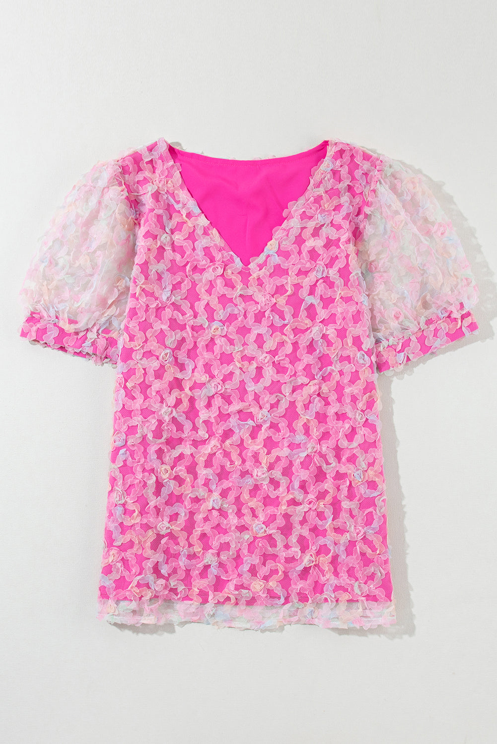 Bonbon Flowery Mesh Short Puff Sleeve Blouse-Tops/Blouses & Shirts-[Adult]-[Female]-2022 Online Blue Zone Planet
