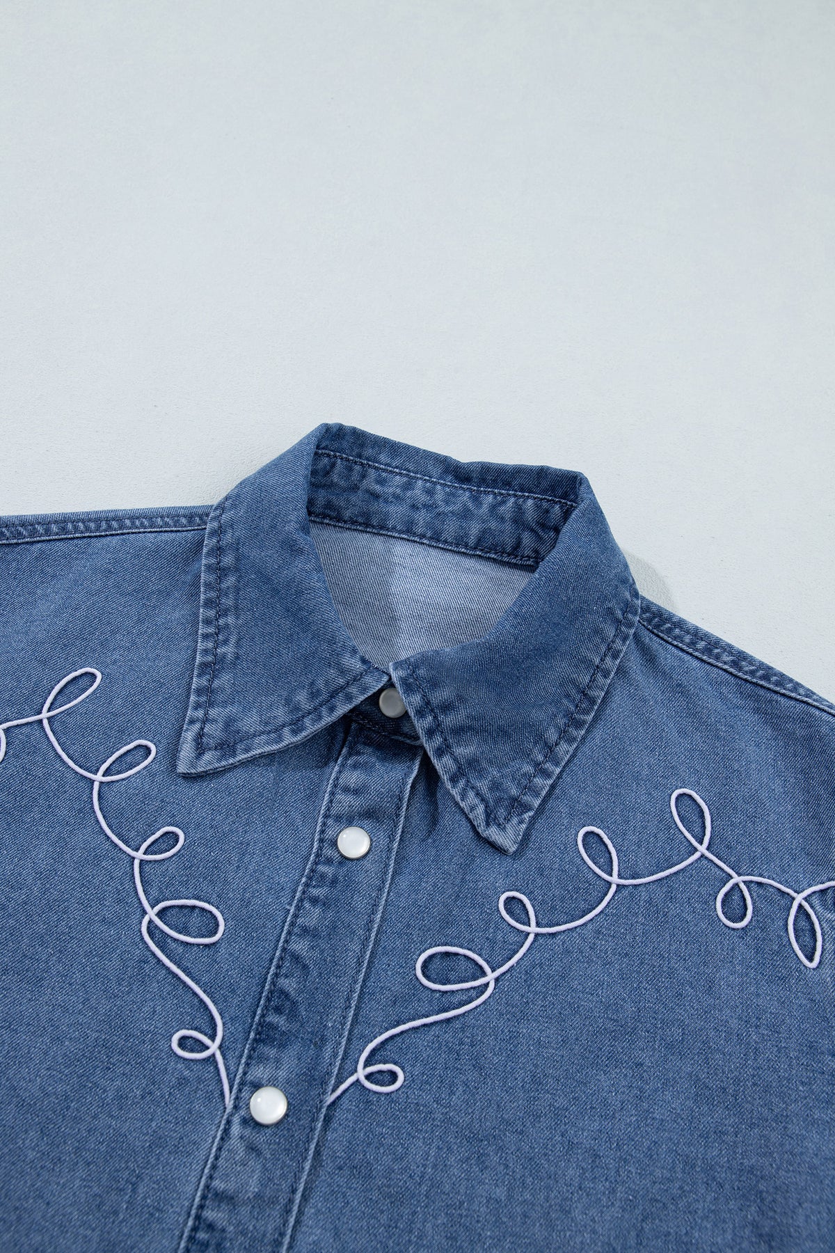 Dusk Blue Western Embroidered Collar Long Sleeve Denim Shirt-Tops/Blouses & Shirts-[Adult]-[Female]-2022 Online Blue Zone Planet