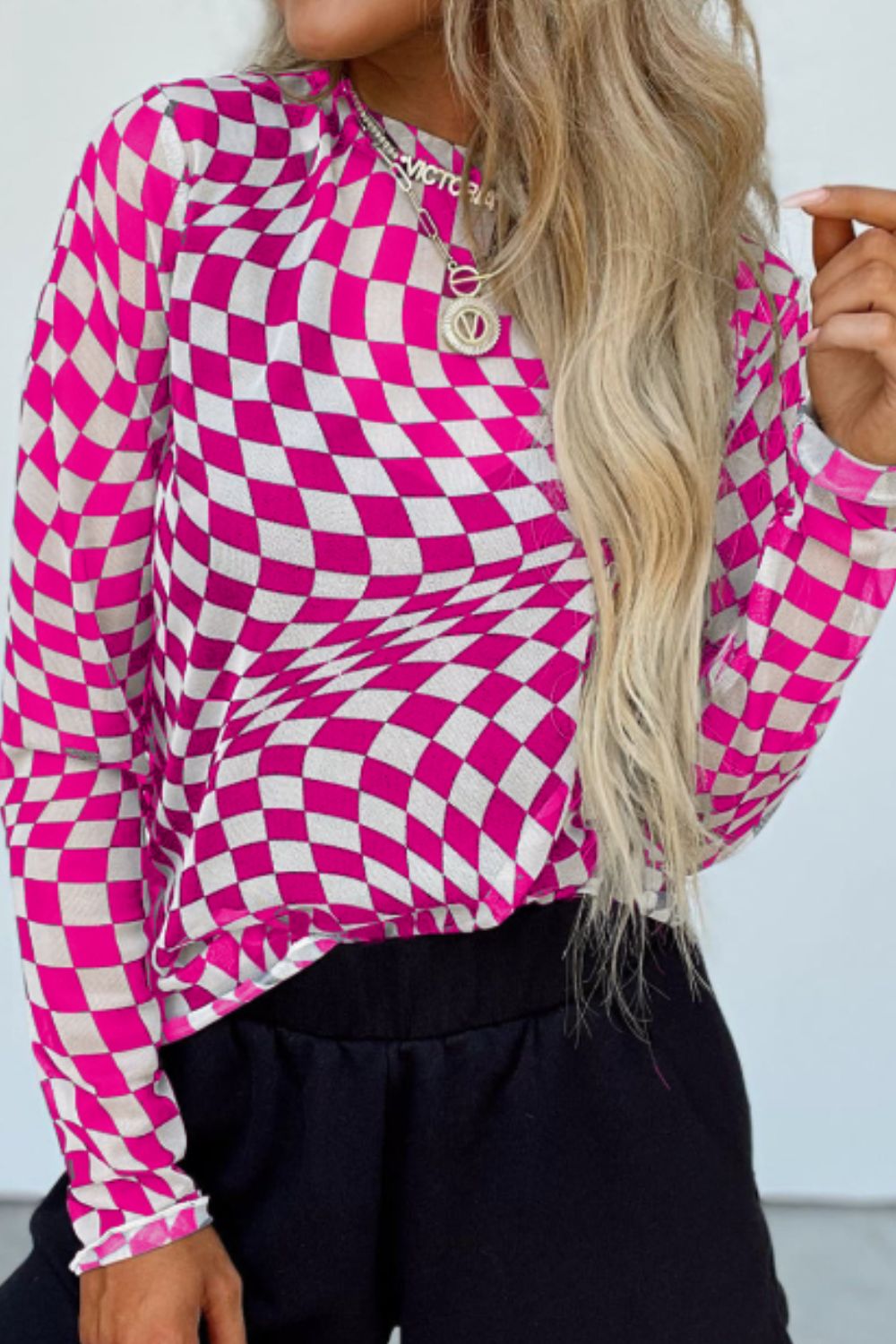 Checkered Mock Neck Long Sleeve Blouse-TOPS / DRESSES-[Adult]-[Female]-Hot Pink-S-2022 Online Blue Zone Planet