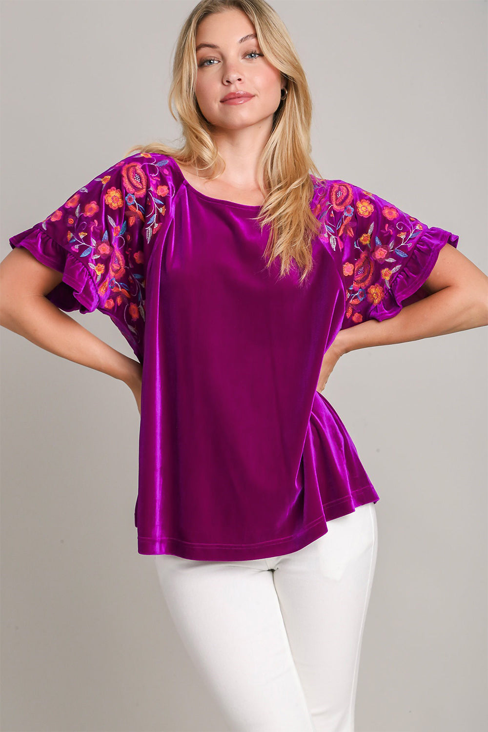 Blue Zone Planet | Umgee Full Size Velvet Embroidery Short Sleeve Blouse-TOPS / DRESSES-[Adult]-[Female]-Violet-S-2022 Online Blue Zone Planet