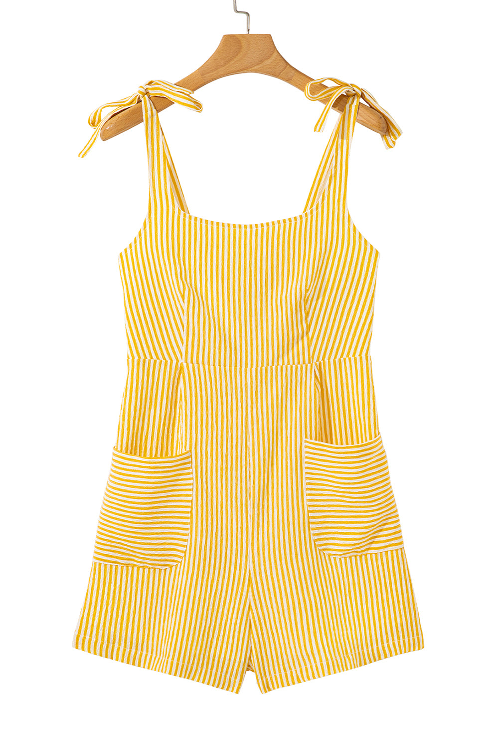 Yellow Stripe Shoulder Tie Smocked Back Wide Leg Casual Romper-Bottoms/Jumpsuits & Rompers-[Adult]-[Female]-2022 Online Blue Zone Planet