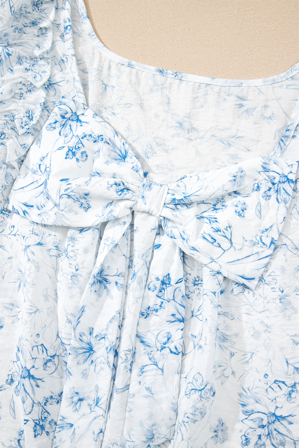 Sky Blue Floral Ruffled Short Sleeve Bow Back Square Neck Blouse-Tops/Blouses & Shirts-[Adult]-[Female]-2022 Online Blue Zone Planet