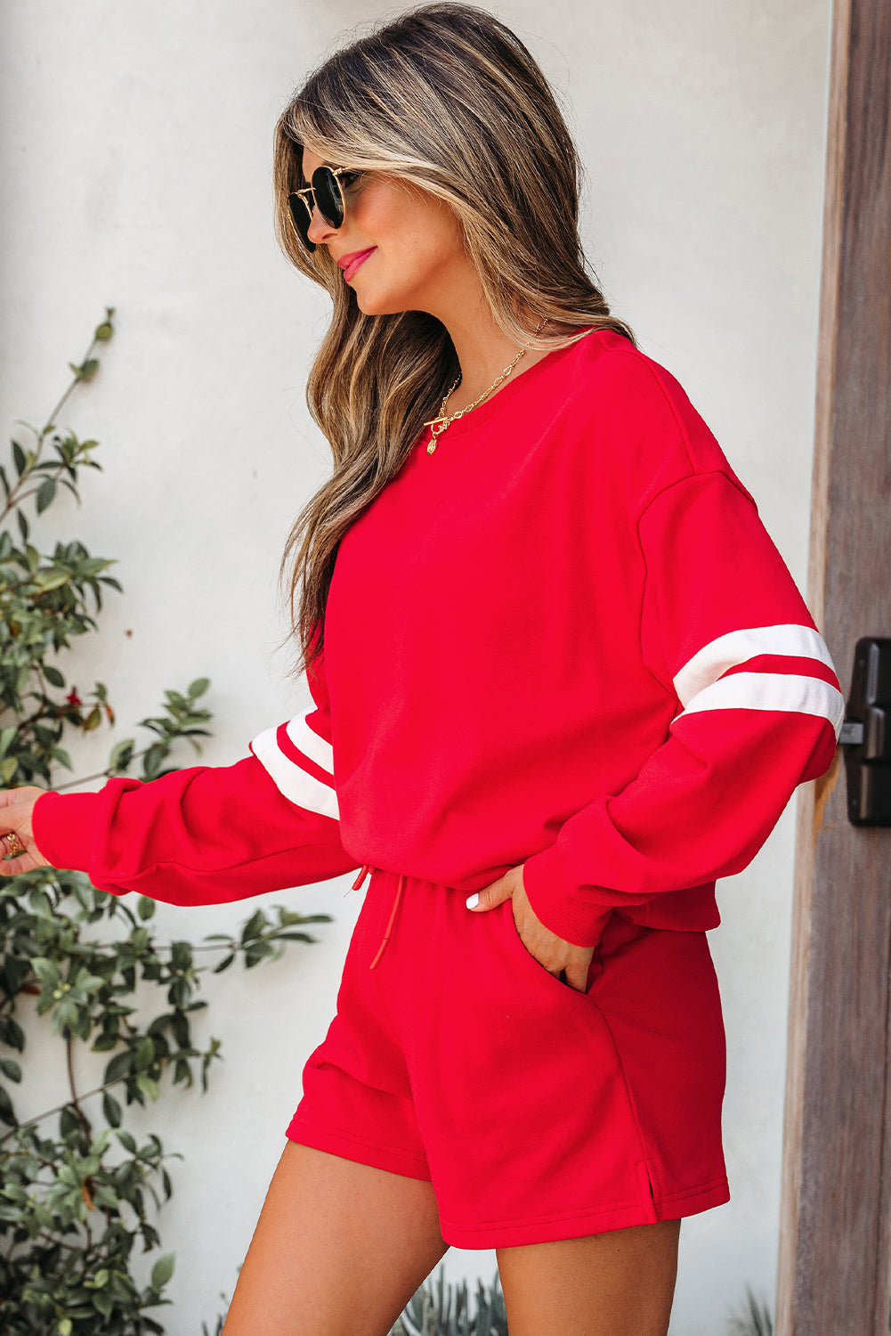 Fiery Red Varsity Striped Sleeve Drop Shoulder Sweatshirt and Short Set-Two Piece Sets/Short Sets-[Adult]-[Female]-2022 Online Blue Zone Planet