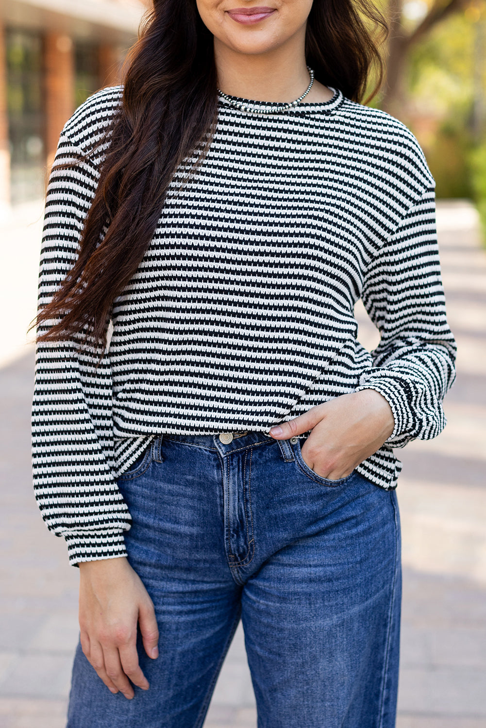 Rose Stripe Round Neck Drop Shoulder Long Sleeve Top-Tops/Long Sleeve Tops-[Adult]-[Female]-2022 Online Blue Zone Planet