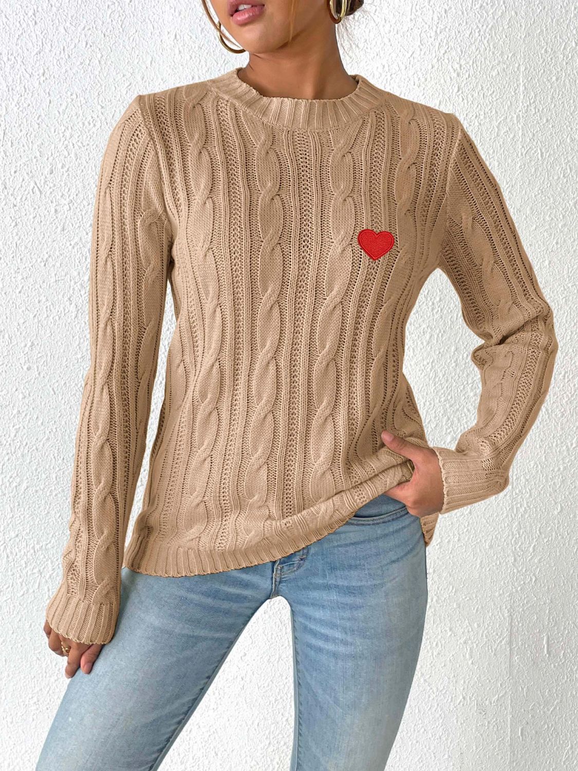 Blue Zone Planet | Cable-Knit Heart Round Neck Long Sleeve Sweater-TOPS / DRESSES-[Adult]-[Female]-Camel-S-2022 Online Blue Zone Planet