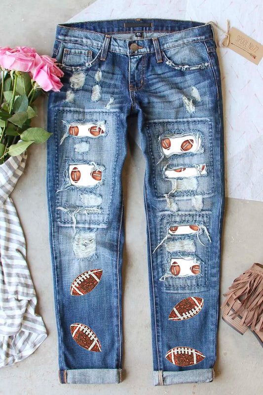 Distressed Football Straight Jeans-BOTTOMS SIZES SMALL MEDIUM LARGE-[Adult]-[Female]-Medium-4-2022 Online Blue Zone Planet