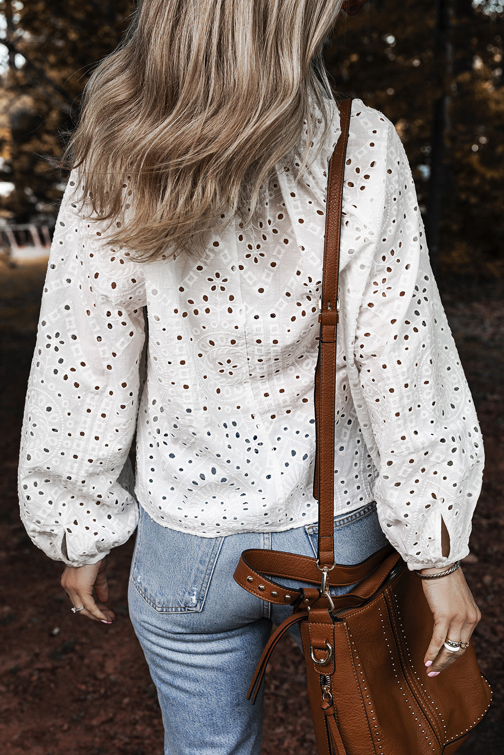 White Eyelet Embroidered Puff Sleeve V Neck Blouse-Blouses-[Adult]-[Female]-2022 Online Blue Zone Planet