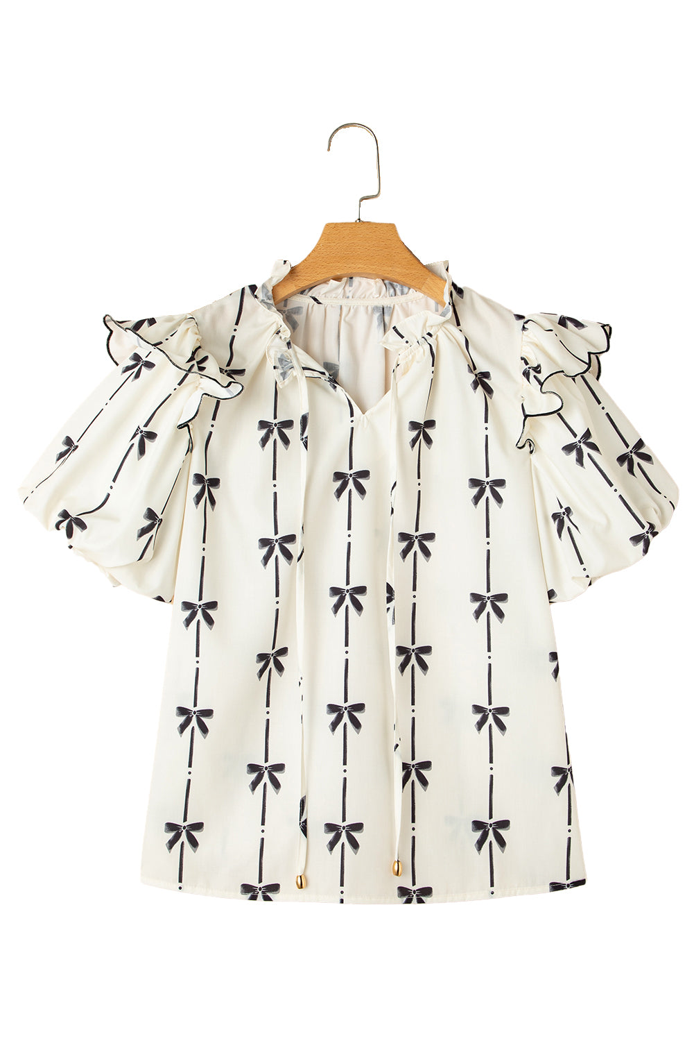 Beige Bow Print Ruffle Bubble Sleeve Tie Notched Neck Blouse-Blouses-[Adult]-[Female]-2022 Online Blue Zone Planet