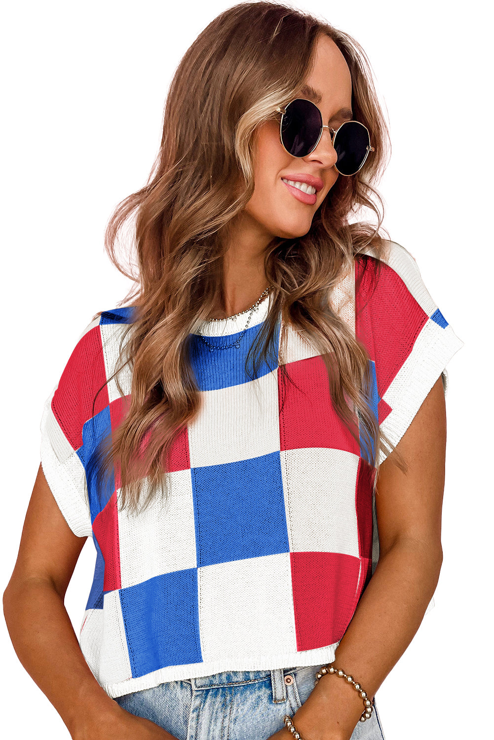 White Color Block Cap Sleeve Sweater-Sweaters & Cardigans/Short Sleeve Sweaters-[Adult]-[Female]-2022 Online Blue Zone Planet