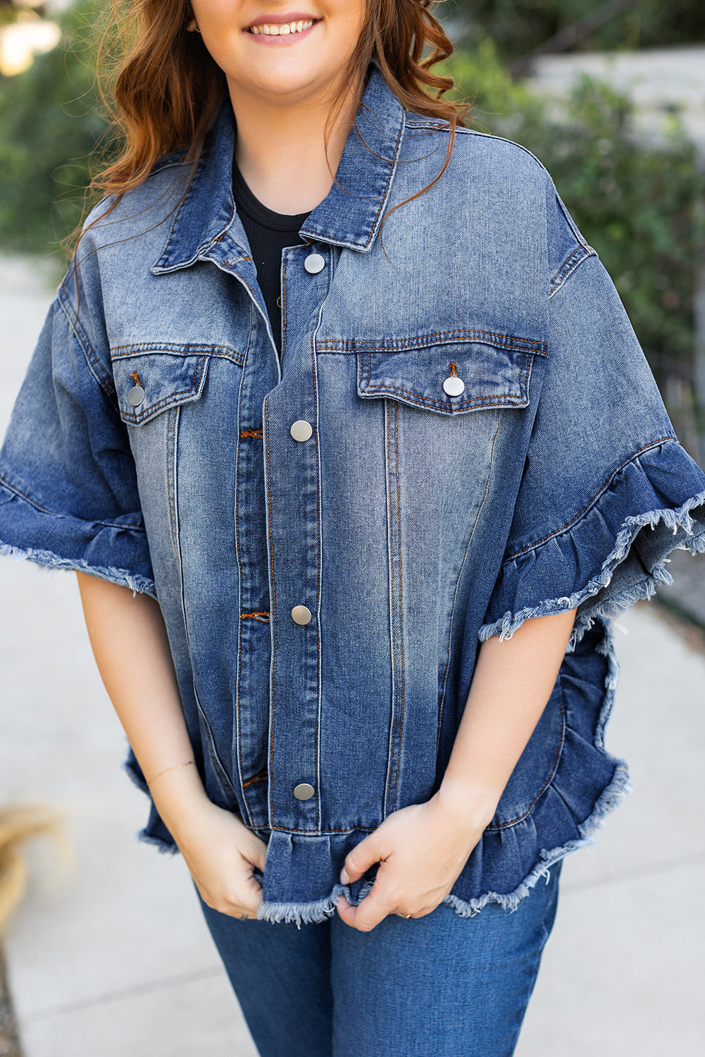 Blue Zone Planet | Peacock Blue Ruffled Frayed Short Sleeve Plus Size Denim Jacket-Plus Size/Plus Size Outerwear-[Adult]-[Female]-2022 Online Blue Zone Planet