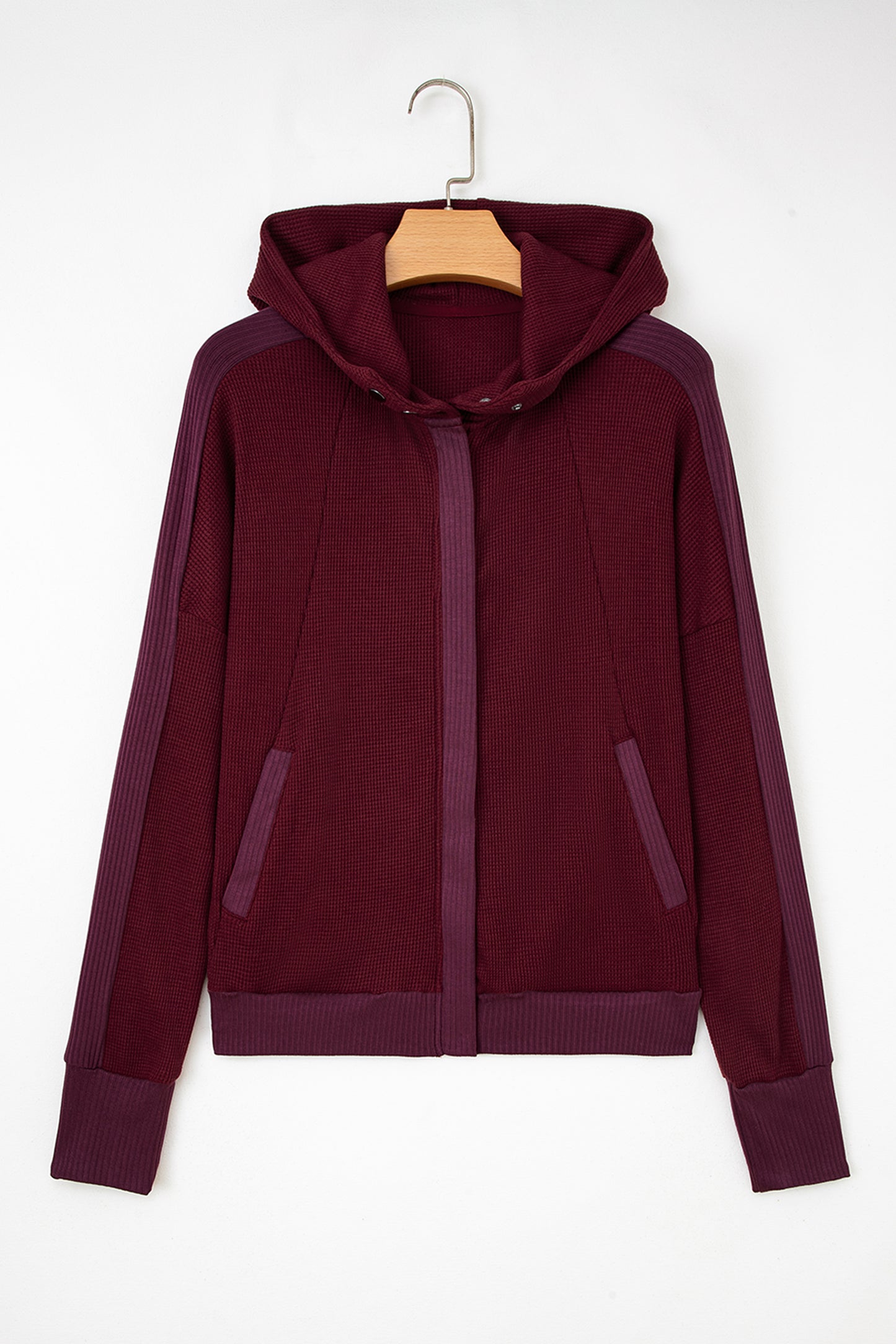 Burgundy Waffle Splicing Zip Up Front Button Hooded Jacket-Tops / Dresses-[Adult]-[Female]-2022 Online Blue Zone Planet