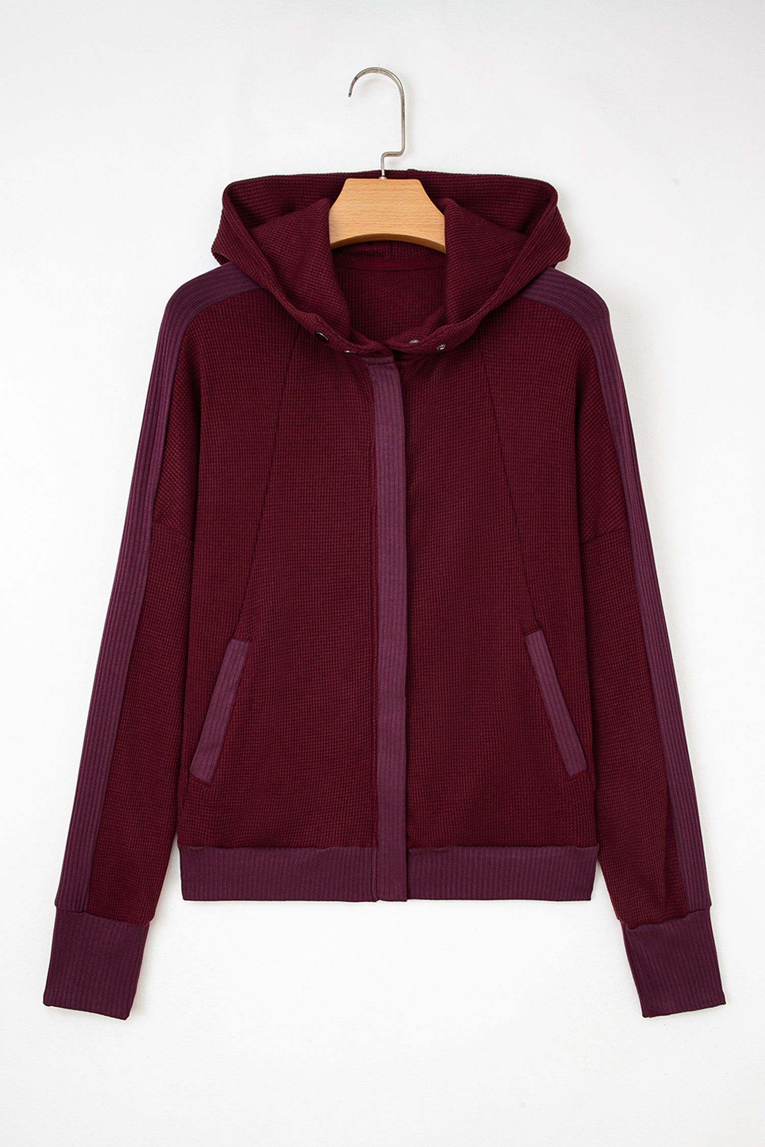 Burgundy Waffle Splicing Zip Up Front Button Hooded Jacket-Tops / Dresses-[Adult]-[Female]-2022 Online Blue Zone Planet
