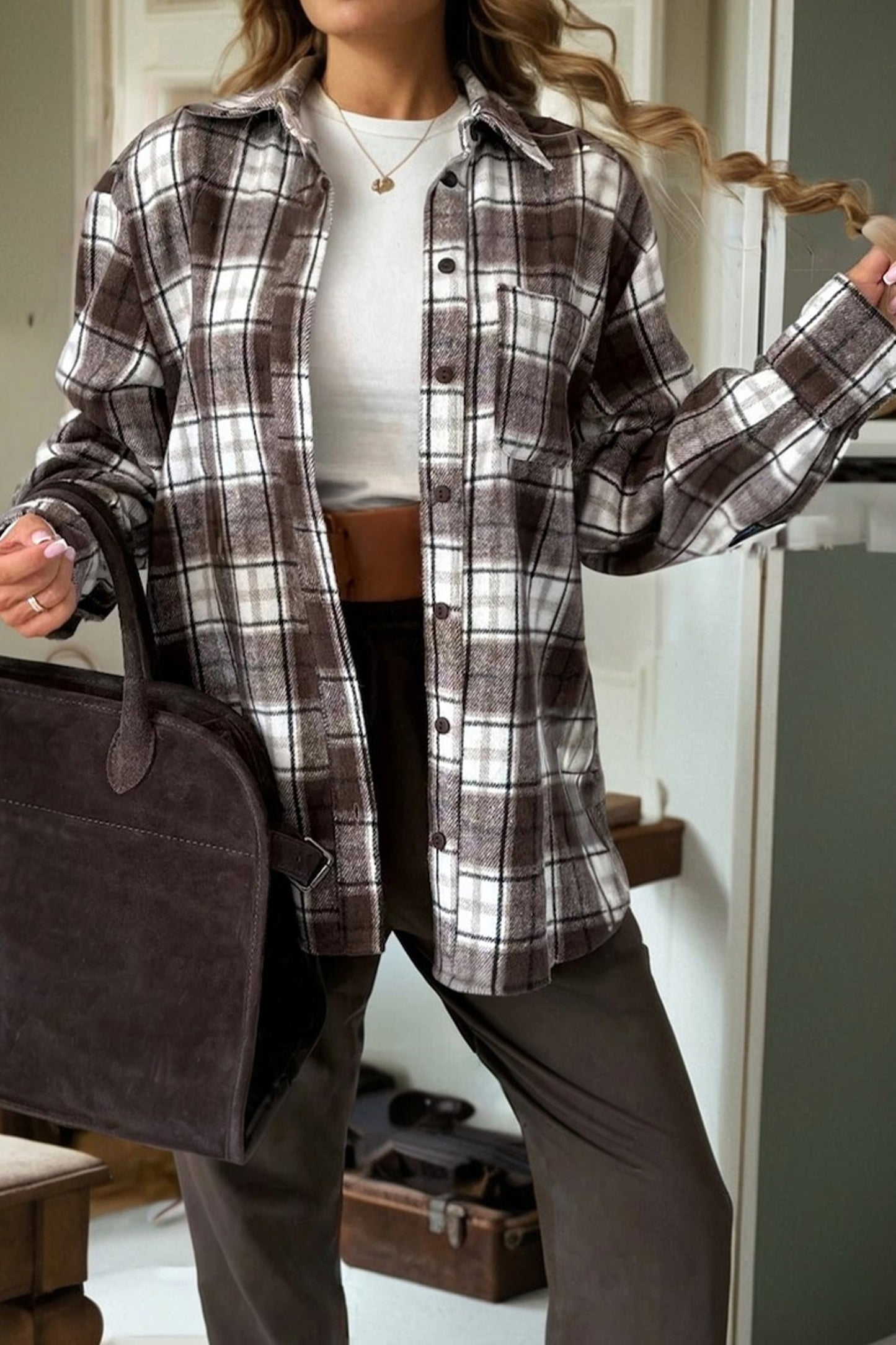 Dark Brown Flanel Plaid Single Chest Pocket Boyfriend Shacket-TOPS / DRESSES-[Adult]-[Female]-2022 Online Blue Zone Planet
