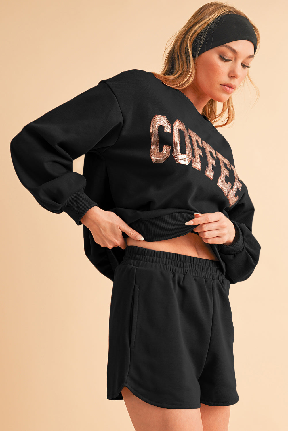 Straw Yellow Sequins COFFEE Loose Fit Sweatshirt and Shorts Set-Two Piece Shorts Sets-[Adult]-[Female]-2022 Online Blue Zone Planet