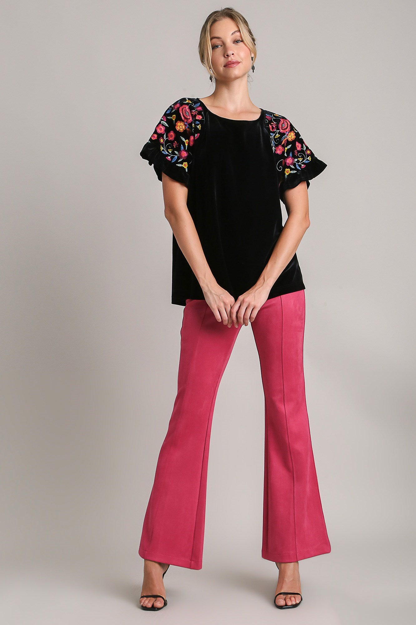 Blue Zone Planet | Umgee Full Size Velvet Embroidery Short Sleeve Blouse-TOPS / DRESSES-[Adult]-[Female]-2022 Online Blue Zone Planet