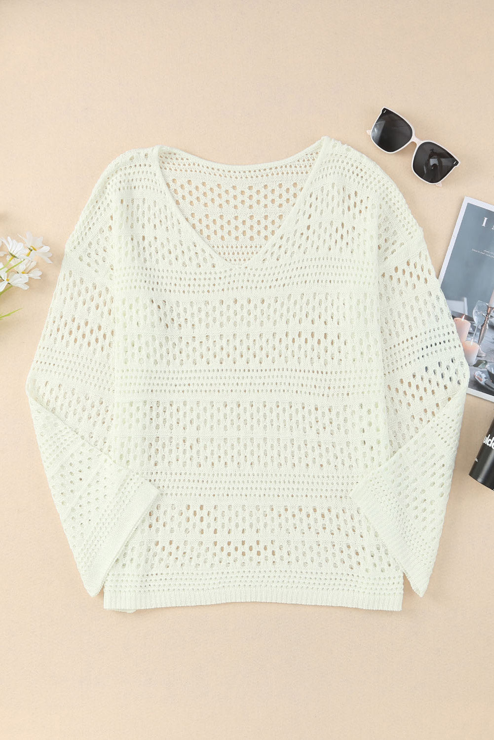 White Hollow Out Crochet V Neck Pullover Sweater Blue Zone Planet