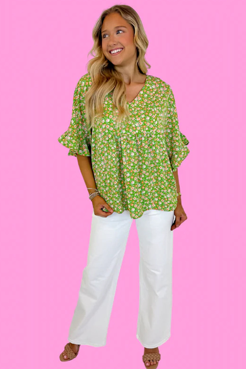 Green Floral Print Ruffle Sleeve V Neck Blouse Top-Tops/Blouses & Shirts-[Adult]-[Female]-2022 Online Blue Zone Planet