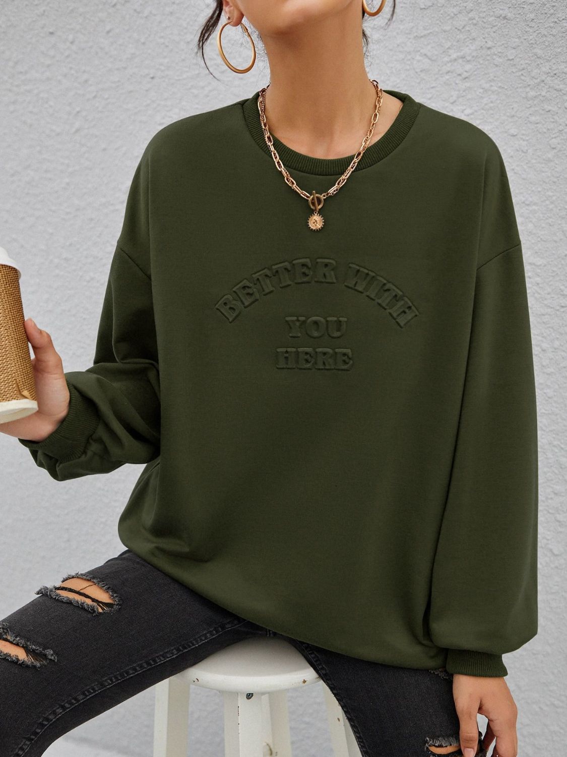 Stereoscopic Letter Round Neck Long Sleeve Sweatshirt-TOPS / DRESSES-[Adult]-[Female]-2022 Online Blue Zone Planet