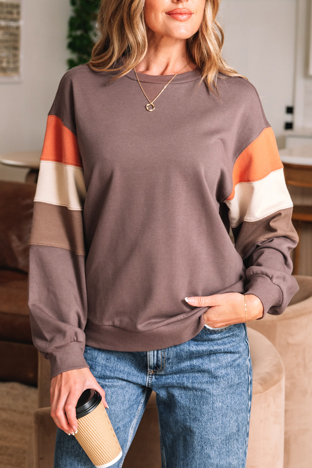 Dark Khaki Color Block Drop Shoulder Pullover Casual Sweatshirt-Tops/Sweatshirts & Hoodies-[Adult]-[Female]-2022 Online Blue Zone Planet